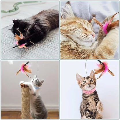 Cat Collar Toy Attached, Silicone Cat Teasing Wand Adjustable Cat Feather Collar Toys with Bell Cat Interactive Teaser Toys