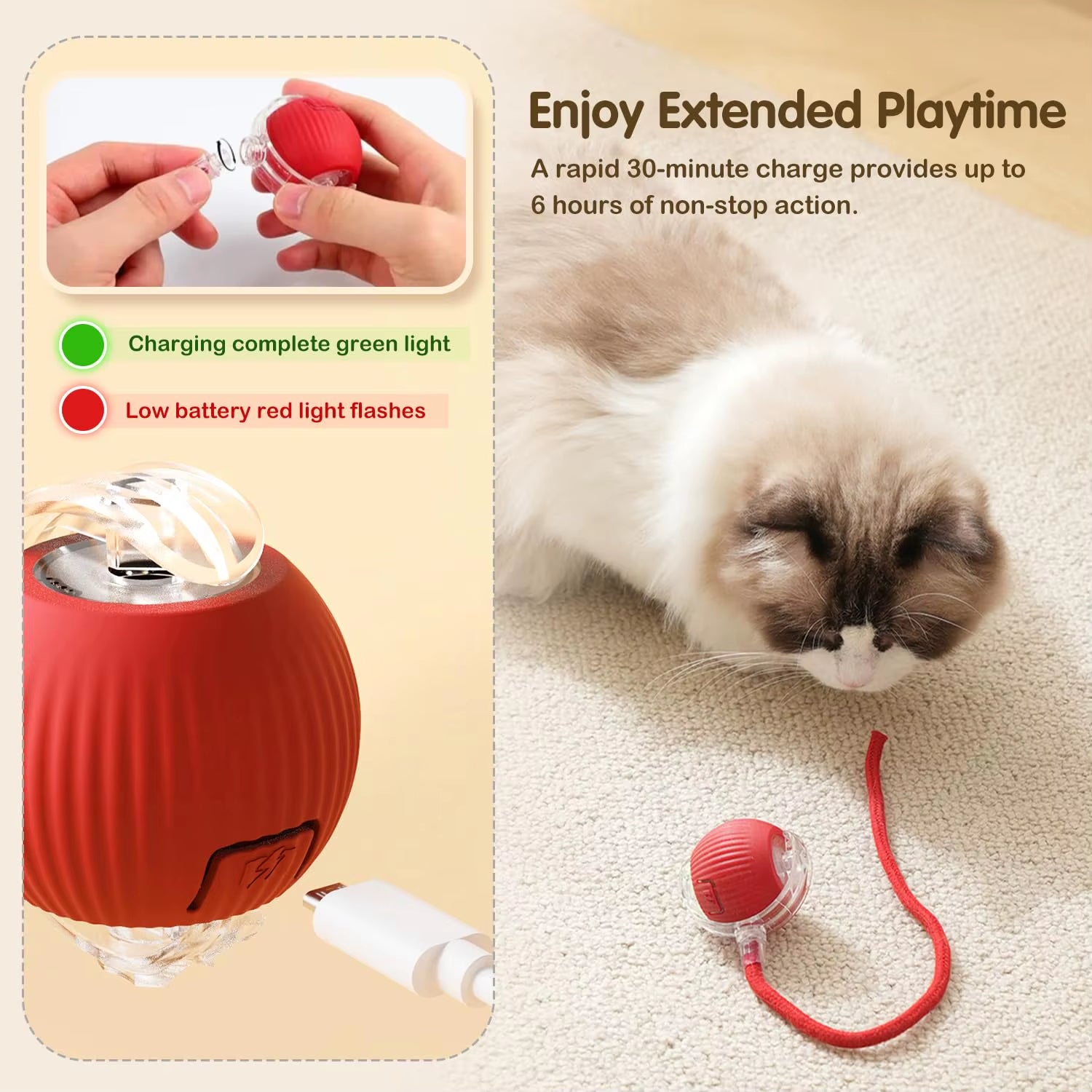 Cat Interactive Ball Toy, Automatic Rolling Ball with Tail, Rechargeable Smart Pet Interactive Toy, Intelligent Mouse for Cat