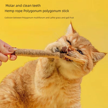 5PCS Pet Interactive Chew Sticks Cat Teeth Molar Cleaning Toy Polygonum Wood Gall Nut Raffia Silvervine Stick Hemp Rope Supplies