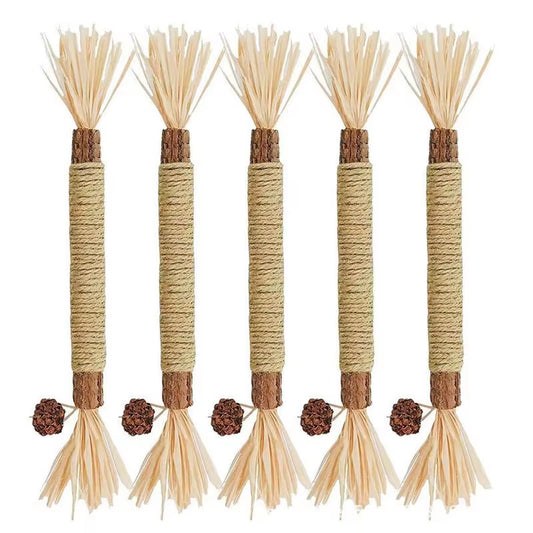 5PCS Pet Interactive Chew Sticks Cat Teeth Molar Cleaning Toy Polygonum Wood Gall Nut Raffia Silvervine Stick Hemp Rope Supplies