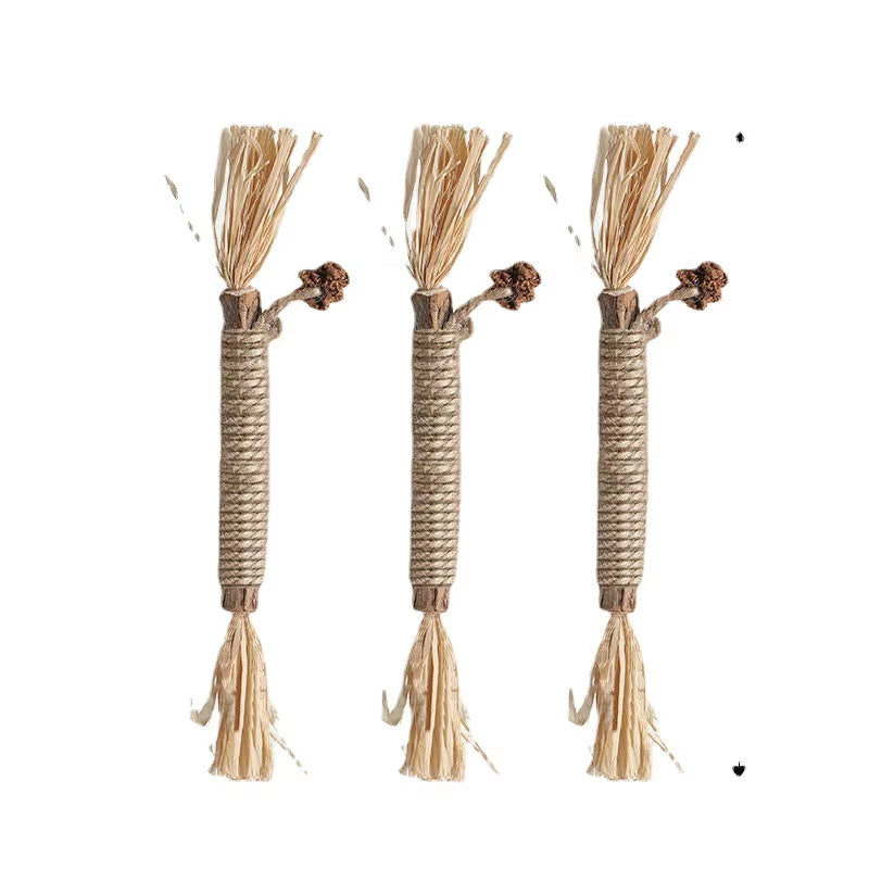 5PCS Pet Interactive Chew Sticks Cat Teeth Molar Cleaning Toy Polygonum Wood Gall Nut Raffia Silvervine Stick Hemp Rope Supplies