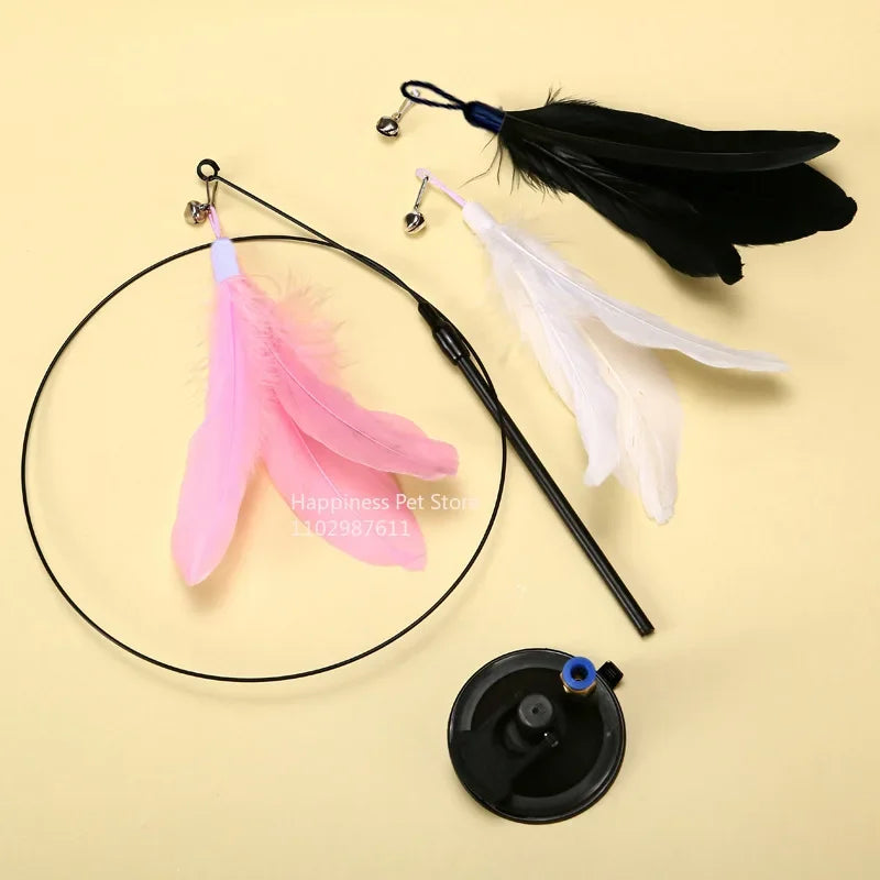 Cat Toy Cat Teaser Stick with Bell Extended Rod Suction Cup Self High and Durable Bite Teaser Tool Replaceable Feather Head