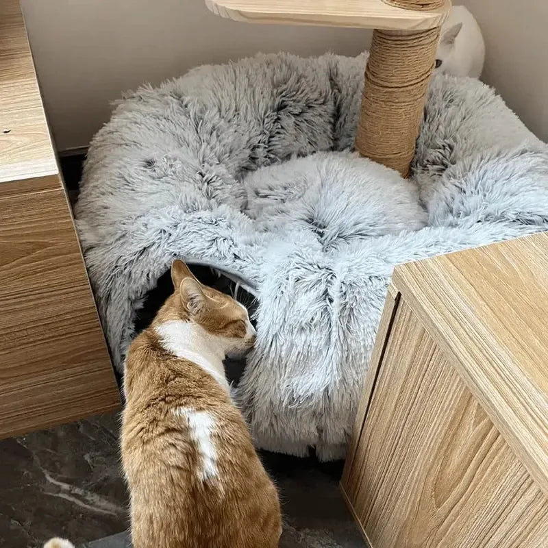 Plush Cat Bed with Tunnel for Indoor Cats Multifunctional Cat Tunnel Bed with Peephole Fluffy Donut Cat Bed with Tunnel