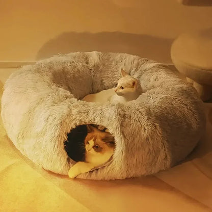 Plush Cat Bed with Tunnel for Indoor Cats Multifunctional Cat Tunnel Bed with Peephole Fluffy Donut Cat Bed with Tunnel