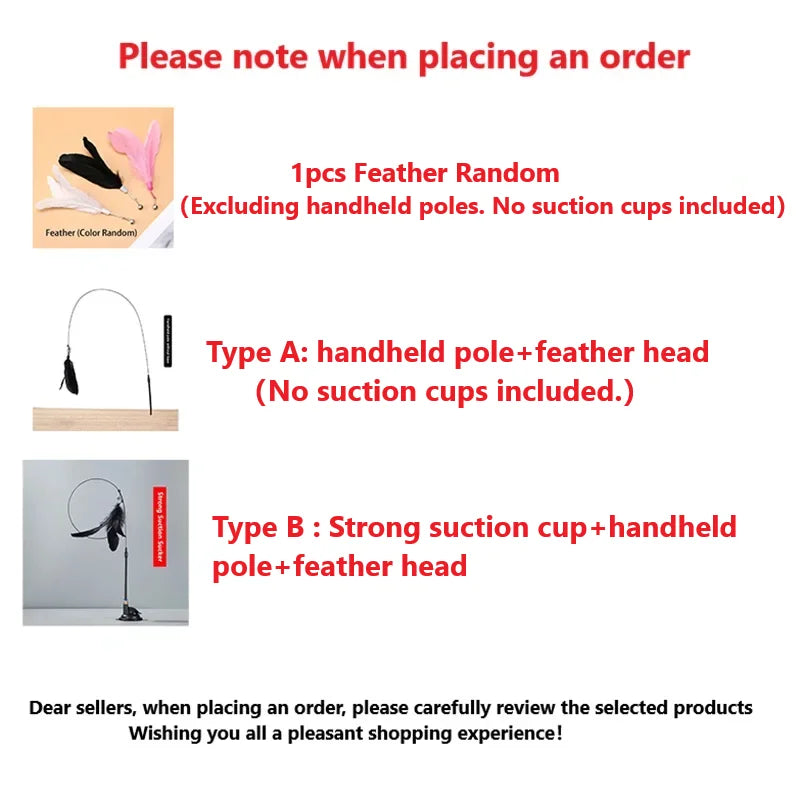 Cat Toy Cat Teaser Stick with Bell Extended Rod Suction Cup Self High and Durable Bite Teaser Tool Replaceable Feather Head