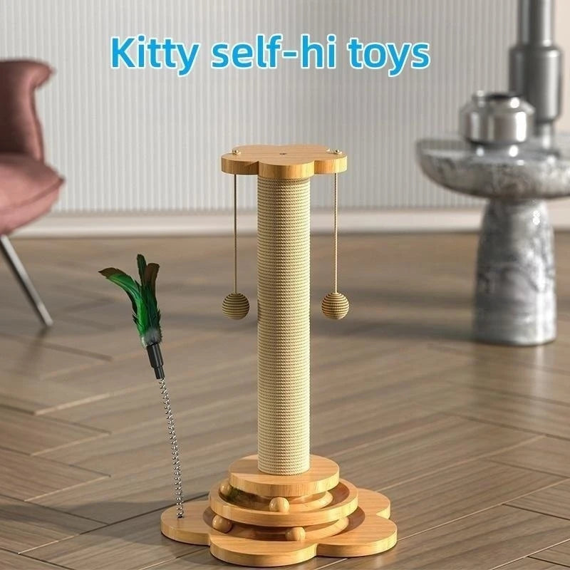 Pet Cat Toy Solid Wood Cat Turntable Funny Cat Stick Balls Durable Sisal Scratching Board Cat Supplies Cat Grab Column