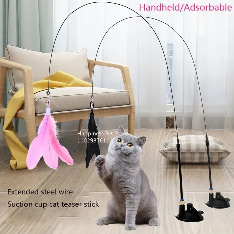 Cat Toy Cat Teaser Stick with Bell Extended Rod Suction Cup Self High and Durable Bite Teaser Tool Replaceable Feather Head