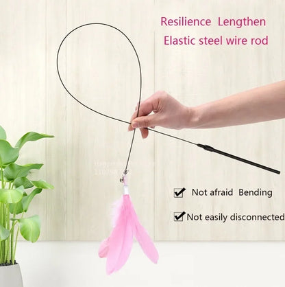 Cat Toy Cat Teaser Stick with Bell Extended Rod Suction Cup Self High and Durable Bite Teaser Tool Replaceable Feather Head