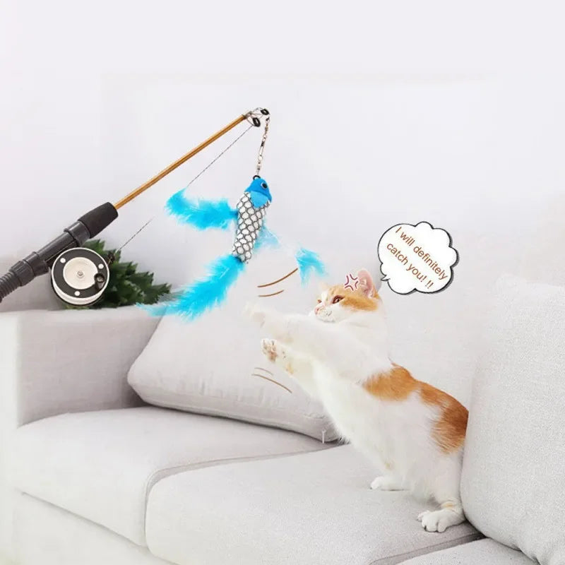 Retractable Cat Toy Fish Type Telescopic Feathers Funny Cat Stick Toys Pet Toy for Kitten Cat Rods Simulation Fishing Rod