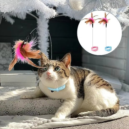 Cat Collar Toy Attached, Silicone Cat Teasing Wand Adjustable Cat Feather Collar Toys with Bell Cat Interactive Teaser Toys