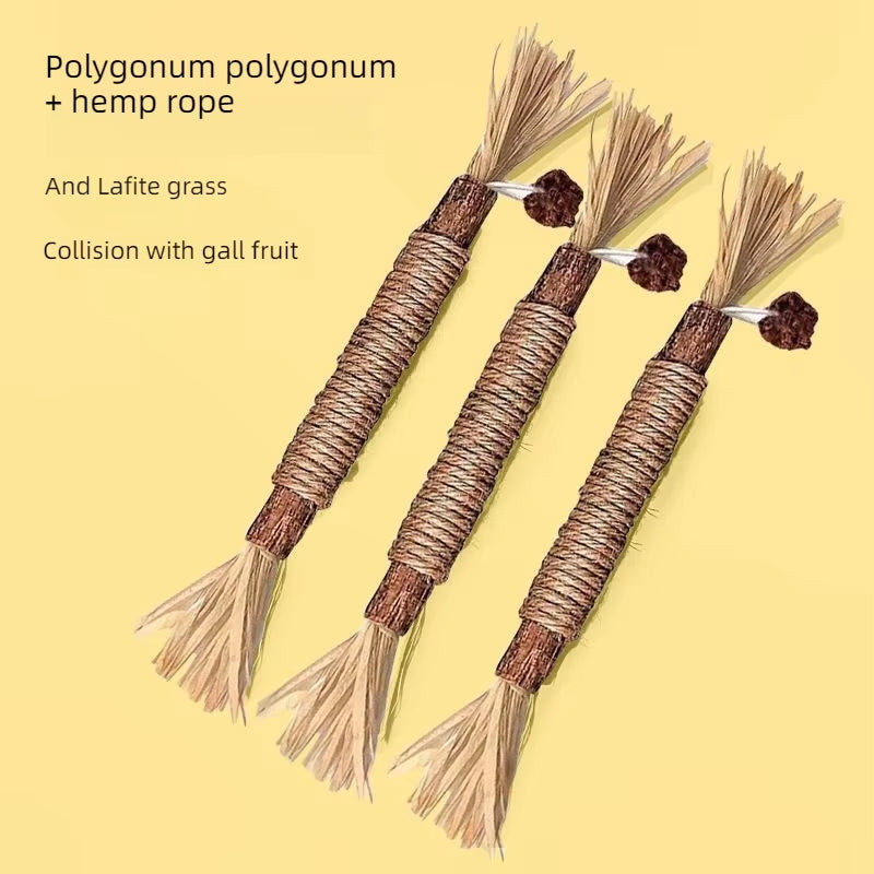 5PCS Pet Interactive Chew Sticks Cat Teeth Molar Cleaning Toy Polygonum Wood Gall Nut Raffia Silvervine Stick Hemp Rope Supplies